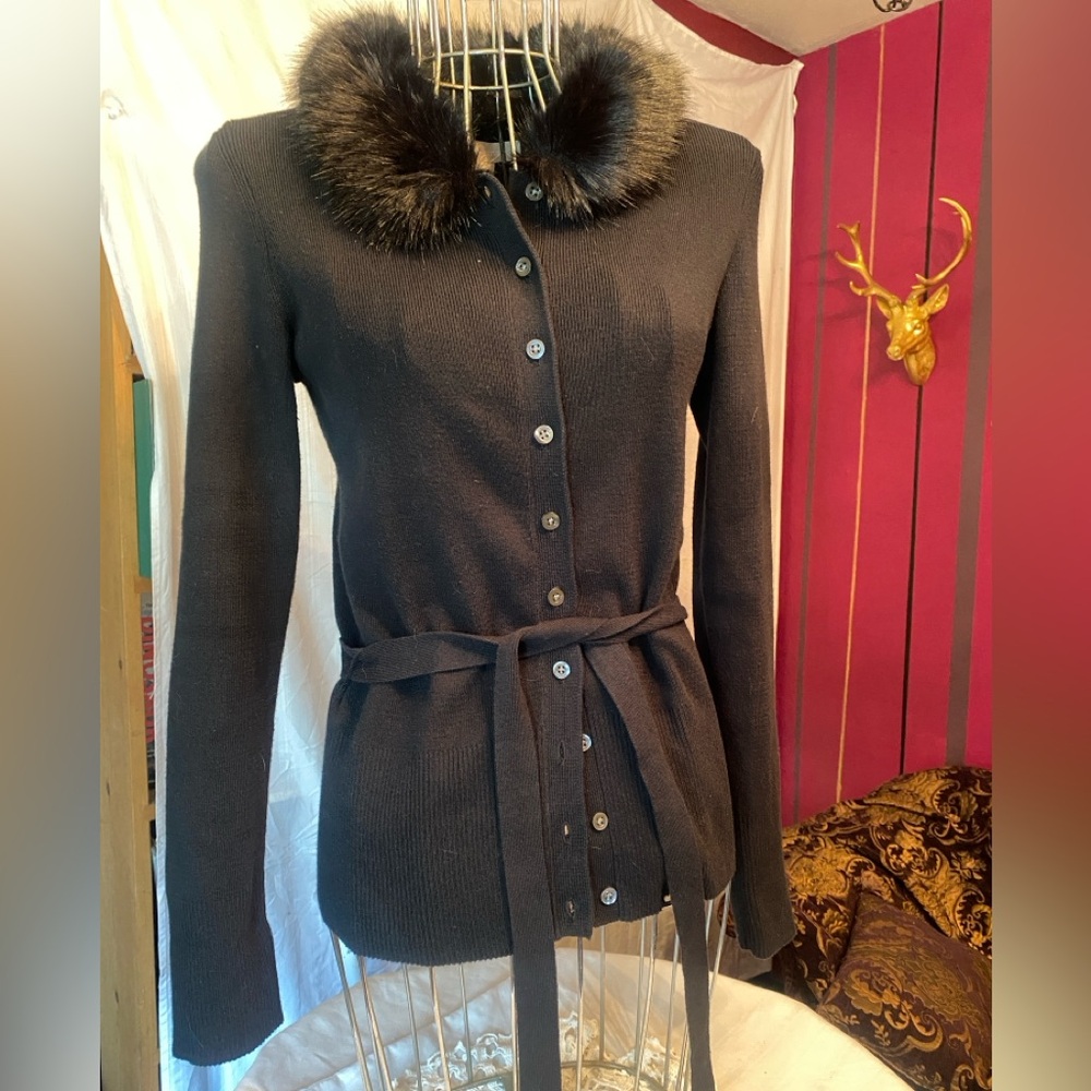 Banana Republic Cardigan with Faux Fur Collar and Waist Tie, Medium
